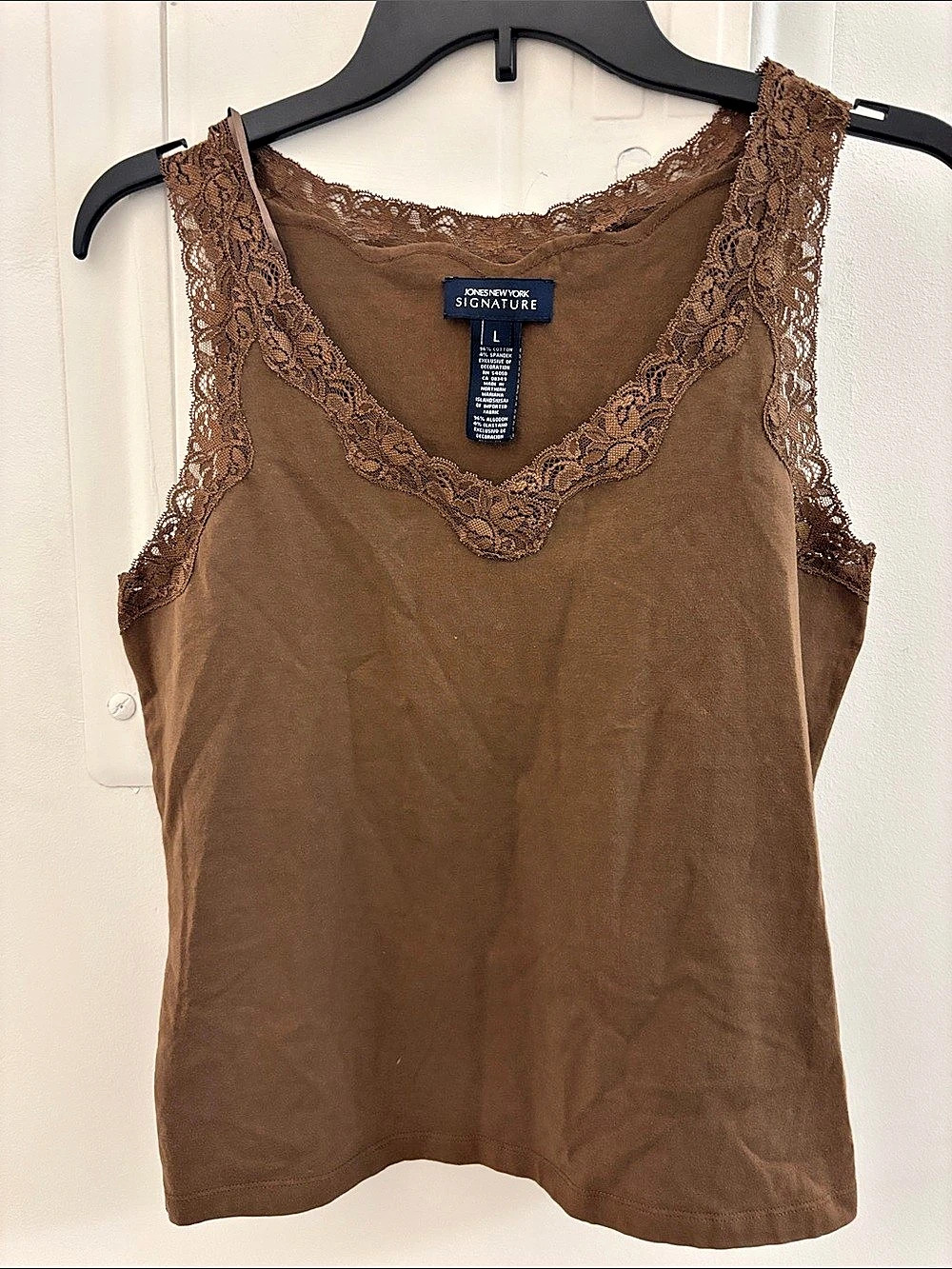 Jones New York Signature Lace Trim Tank Top Brown Large Y2K cotton vneck